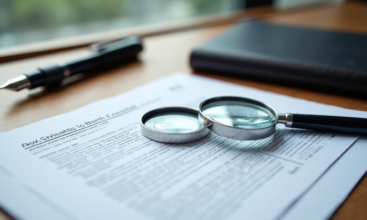 A business professional examining a complex legal document with a magnifying glass